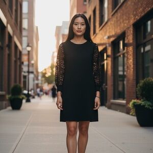 Black V-Neck Long Sleeve Dress with Lace Sleeves